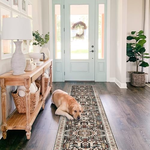 Washable Hallway Runner Rug 2x10: Non-Slip Kitchen Entryway Rugs Indoor Soft Low Pile Stain Resistant Carpet for Bedroom Laundry Ultra-Thin Vintage Home Decor Floor Mat for Bathroom (Black, 2 x 10) - Image 2