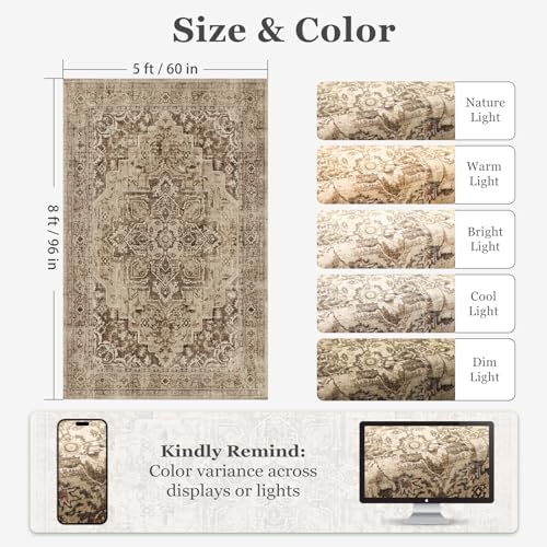 Vintage Brown 5x8 Area Rugs for Living Room, Distressed Medallion Dining Room Rug Washable Non Slip, Low Pile Thin Carpet Rugs for Den/Bedroom/Foyer/Home Office, Earthy Brown Taupe Black - Image 2