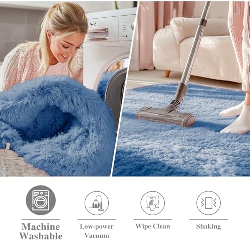 OLANLY Blue Round Rugs for Bedroom - Machine Washable, 5 ft Circle Area Rugs for Living Room, Soft and Fluffy Shaggy Carpet for Teen Girl and Boys, Nursery Rooms, Dorms, Home Decor Aesthetic - Image 3