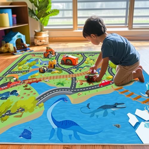 Kids Rugs for Playroom 9x12 ft - Non-Slip Car Rug Play Mat Dinosaur - Image 3