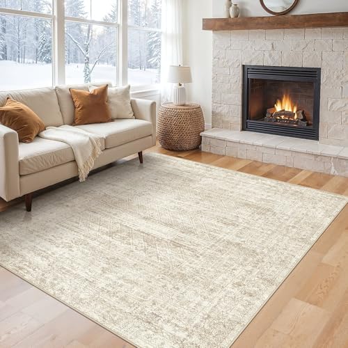 UERMEI Square Area Rugs : Washable 8x8 Neutral Modern Abstract Carpet for Living Room Bedroom - Soft Floor Mat with Non Slip Backing for Kitchen Nursery Dorms Farmhouse Home Decor - Beige/Brown by UERMEI