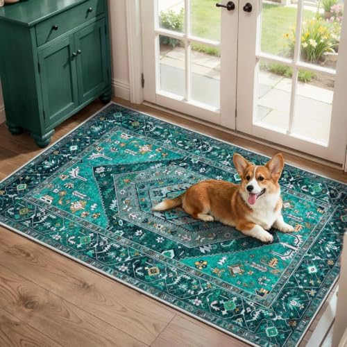 SERISSA 2x4 Washable Non Slip Boho Runner Rug for Entryway，Teal by SERISSAHomeDecorCollection