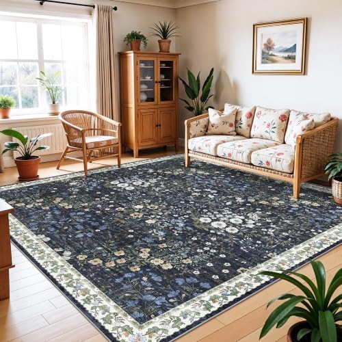 10x10 Square Area Rug Living Room: Boho Floral Washable Mat for Dining Room Bedroom Office High Traffic Area Soft Non Slip Low Pile Indoor Carpet for Vintage Farmhouse Home Decor (10ft Square, Blue) - Image 3