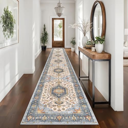 KUTA Washable Runner Rug 2.6x16 Extra Long Hallway Kitchen Rugs Ivory Blue by KUTA