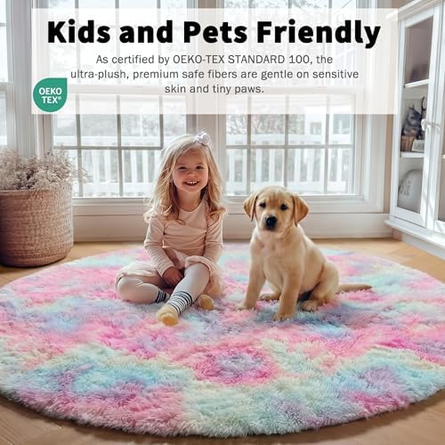 ONASAR Rainbow Round Area Rugs 5ft, Soft Bedroom Circle Rug Mats for Kids Girls Teen Room, Kawaii Fluffy Plush Shaggy Carpet for Dorm Nursery Living Room Playroom Home Decor Princess Castle - Image 4