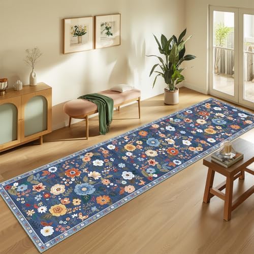 Floral Washable 2x10 Area Rugs Runner Entryway Hallway Blue/Grey - Image 2