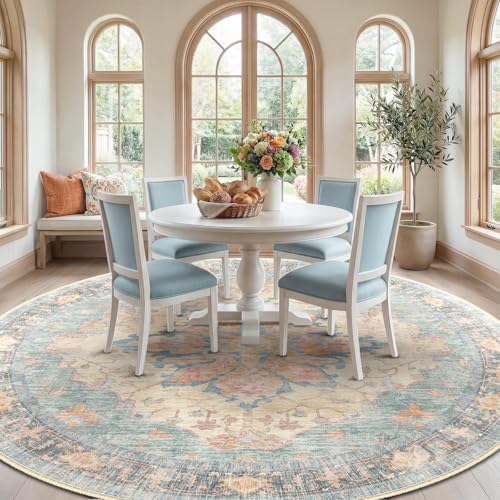 RELEANY Washable Area Rug, Round 8ft, Blue/Orange/Red - Image 2