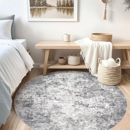 UERMEI 5ft Round Area Rug Living Room Rugs - 5x5 Washable Neutral Modern Abstract Soft Thin Rug Indoor Floor No Slip Rug Carpet for Bedroom Under Dining Table Home Office Decor - Grey - Image 3