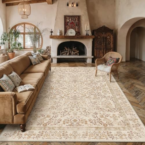 PureCozy 8x10 Brown Floral Area Rug Vintage Farmhouse Style by PureCozy