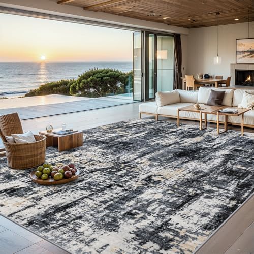 PLHXFR 6x9 Area Rug Living Room: Abstract Washable Carpet Black Gold by PLHXFRSoftAreaRugs