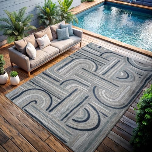 CAMILSON Indoor Outdoor Rug, Blue 9x12 Geometric Arch Striped Large Area Rugs for Patio and Home Areas, Easy-Cleaning Non-Shedding Living Room, Garden and Deck Washable Outside Carpet (9 x 12) by CAMILSONIndoorOutdoorAreaRugs
