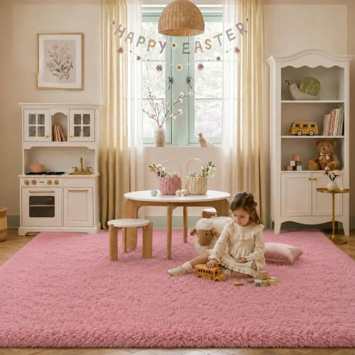 Blush Pink Fluffy Area Rug 5x8 Ft, Washable for Living Room by OHWPEAT