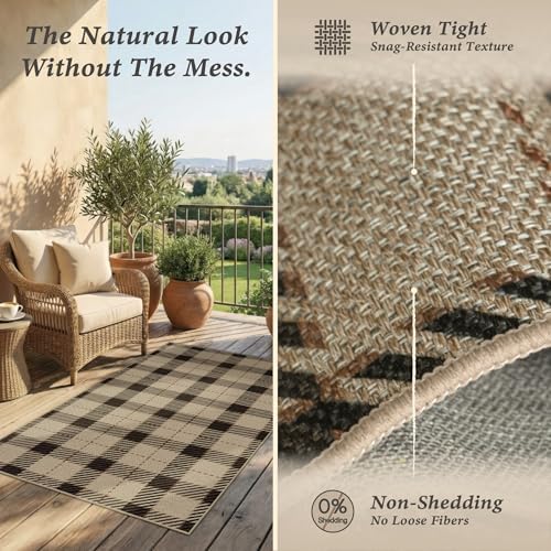 JTJ Easy Jute 6x9 Outdoor Area Rug, Black & Beige Plaid, Washable - Image 4