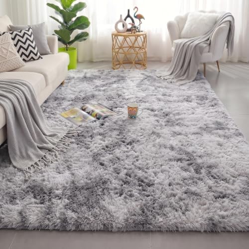 Amdrebio Tie-Dyed Light Grey Fluffy Large Rug 6x9 for Living Room Bedroom - Image 5