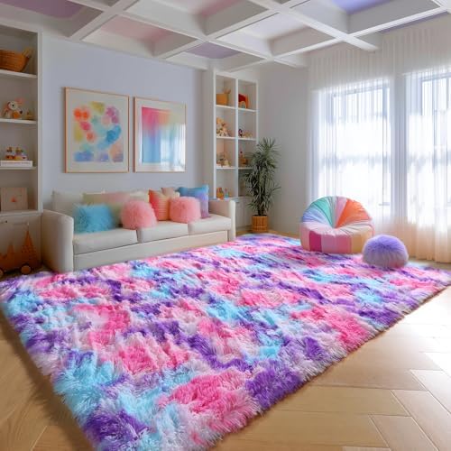 Rainbow Purple Rugs for Girls Bedoom 5x7 Ft, Fluffy Pastel Princess Carpet - Image 5