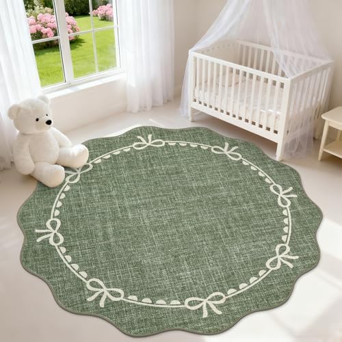 GarveeHome 6ft Round Rugs Washable Scalloped Bow Rug for Bedroom, Green - Image 2