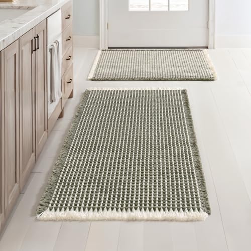 MIULEE Set of 2 Waffle Bathroom Rugs Green&Cream Bath Mat 17"x24"+18"x30" by MIULEE