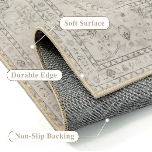 PureCozy Beige 3x5 Area Rug Washable Vintage Carpet Low Pile Non Slip - Image 4