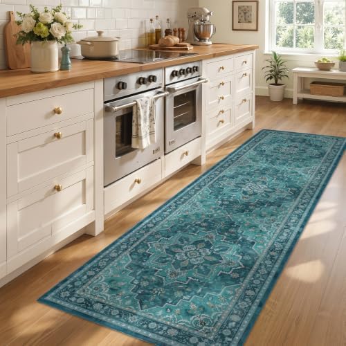 Washable Hallway Runner Rug 2'x7', Vintage Medallion, Boho Teal - Image 3