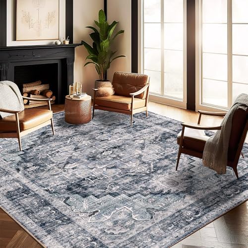 CHAMPLANT Washable Area Rug 10'x14' Dark Blue Retro Flowers Boho Design Non-Shedding Easy Care Ideal for High Traffic Areas in Living Room Bedroom Office Coffee Table Kitchen Large Carpet by CHAMPLANT