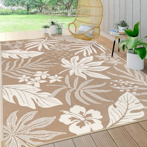 Pauwer Waterproof Outdoor Rug 6x9, Plastic Straw Patio Rug, Floral Brown by Pauwer