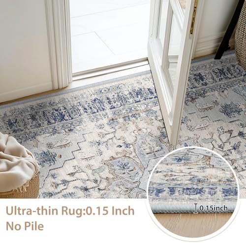 BESTSWEETIE Washable Boho 6x9 Area Rug, No Pile for Living Room, Beige Blue - Image 4