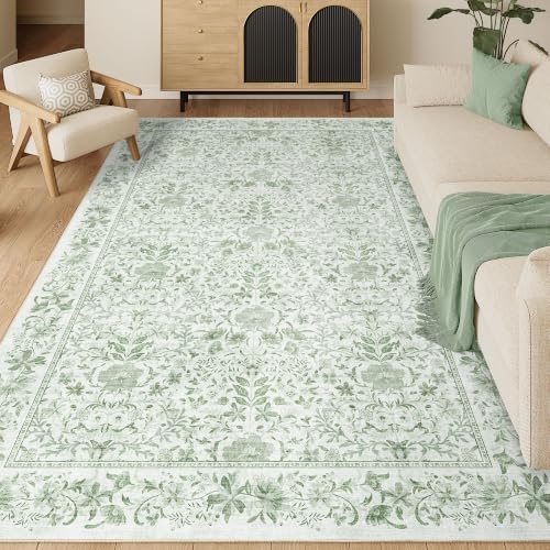 DUKINO 5x8 Area Rug Vintage Floral Washable Rugs for Living Room Sage Green by DUKINO