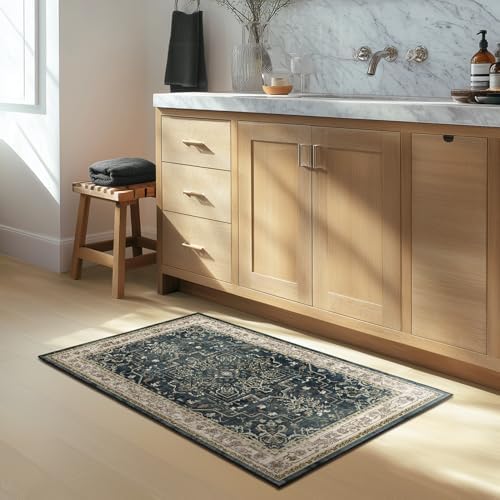 Vintage Distressed 2x3 Kitchen Rugs Washable Non Slip, Medallion Door Mat Indoor Entrance Entryway, Small Low Pile Rugs for Bedroom/Bathroom Vanity/Laundry Room, Midnight with Multi Accents - Image 4