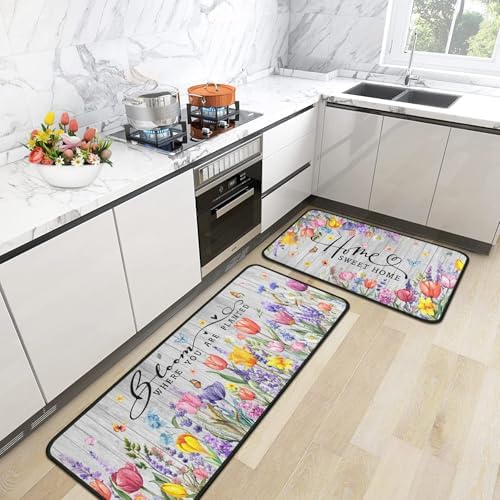 Spring Kitchen Rugs Sets of 2 Non Slip Washable, Tulip Lavender Floral Summer Spring Kitchen Mats Home Decor Rug Decorations Indoor - Image 2