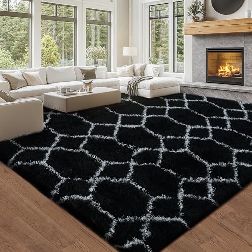8x10 Fluffy Area Rugs Black and White: Large Geometric Shag Living Room Rug - Image 2