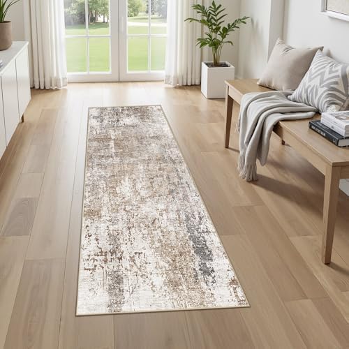 UERMEI 2x6 Washable Runner Rug for Hallway, Non Slip Low Pile Kitchen Carpet, Neutral Modern Abstract Indoor Floor Mat for Entryway Laundry, Kid & Pet Safe High Traffic Area, Brown/Grey/Red by UERMEI