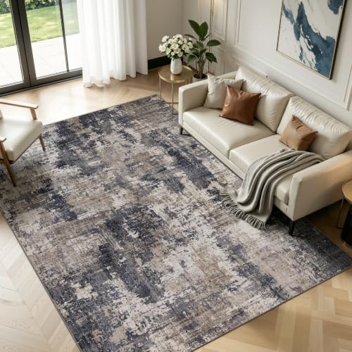 Sasttie 10x14 Washable Area Rug, Modern Abstract Large Carpet, Black & Beige by SASTTIE