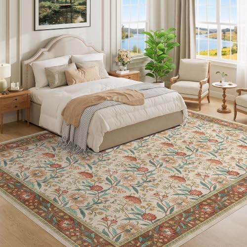 DUKINO 9x12 Area Rug for Living Room, Vintage Floral Washable Rug, Brown - Image 3