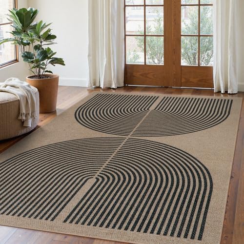 Lahome Modern Rainbow Easy Jute Rug, Washable Rugs 5x7 for Living Room Bedroom Black Farmhouse Indoor Outdoor Patio Carpet, Contemporary Natural Throw Mat Non Slip Carpet for Office RV by Lahome