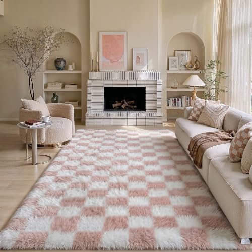 PureCozy Pink Area Rug 8x10 for Living Room Soft Checkered Shag Carpet by PureCozy