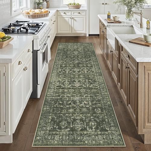 3x8 Washable Kitchen Runner Rug Non-Slip Boho Dark Green Throw Carpet by HOME
