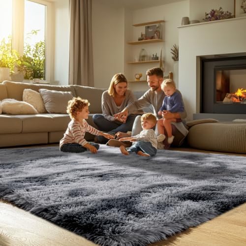 Topmaxcs 9x12 Shag Area Rug Grey: Tie-Dyed Dark Grey Living Room Rugs - Image 4