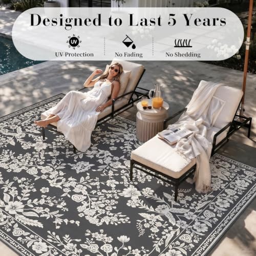 AMOAMI-Outdoor Rug-Patio Rug 5x8 ft Quick Dry Machine Washable Flatweave Textured Outdoor Carpet with Rubber Particles Backing Indoor Outdoor Rugs for Patio Deck Front Porch Balcony Greyish Black - Image 3