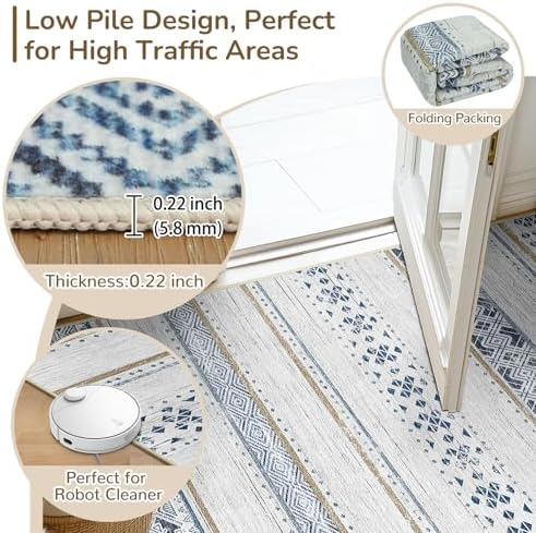 BESTSWEETIE 8x10 Area Rugs for Living Room Washable Moroccan Farmhouse Neutral Geometric Low Pile Non-Slip Soft Print Pattern Rug for Bedroom Kitchen Dining Room Entryway Blue/Brown - Image 4