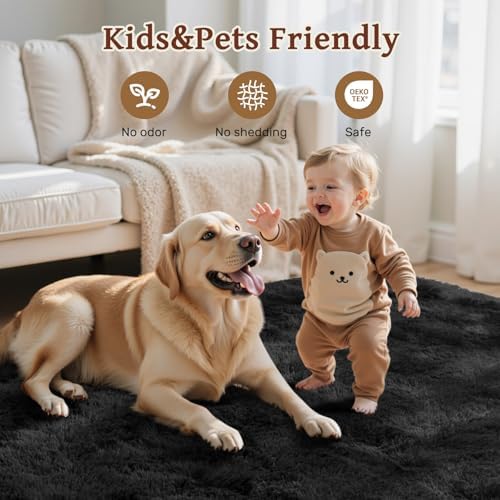 7x10 Black Area Rugs for Living Room, Large Fluffy Shag Bedroom Rugs Non-Slip, Ultra Soft Plush Carpet for Nursery Kids PlayRoom Dorm Office Indoor Modern Carpets - Image 6