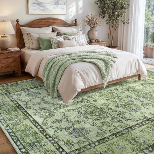 6x9 Ft Vintage Area Rugs for Living Room, Thin Soft Washable Carpet Green - Image 3