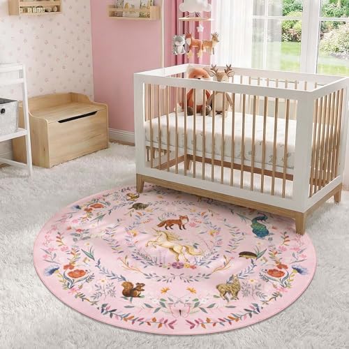 jinchan 5ft Round Rug Washable Kids Rug Whimsical Playroom, Lavender Pink - Image 2