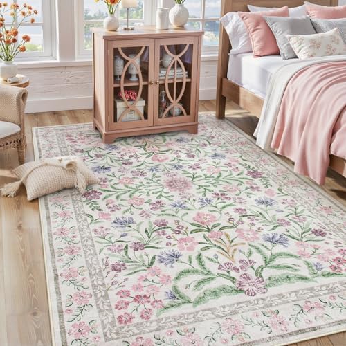Lahome Boho Purple Floral 5x7 Area Rugs, Washable Rugs for Bedroom Nursery - Image 3