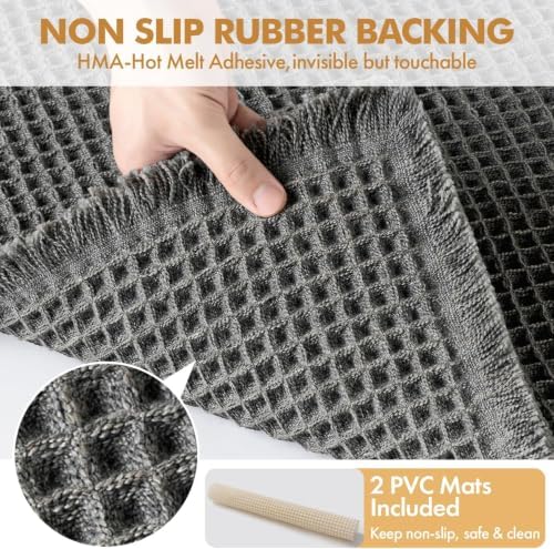 MIULEE Set of 2 Waffle Bathroom Rugs Boho Bath Mat Dark Grey 20x32 Inch - Image 4