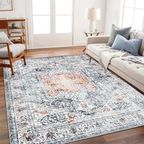 CHAMPLANT Area Rug 9x12 Washable Orange Gray Vintage Traditional Mat Distressed Indoor Foldable Thin Retro Accent Floral Print Rug Non Slip Carpet Living Room Dining Room Office by CHAMPLANT
