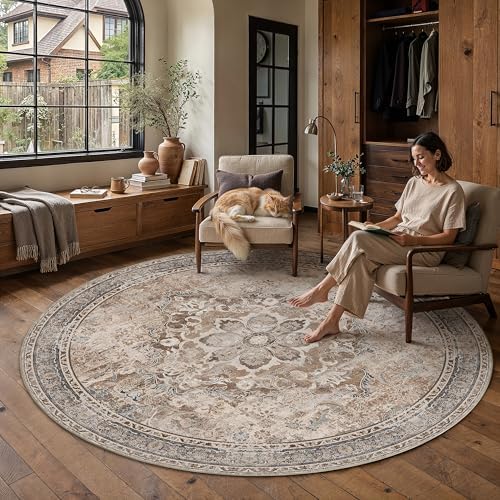 PureCozy Brown Round Rug 6x6 Living Room Vintage Floral Non-Slip Carpet by PureCozy