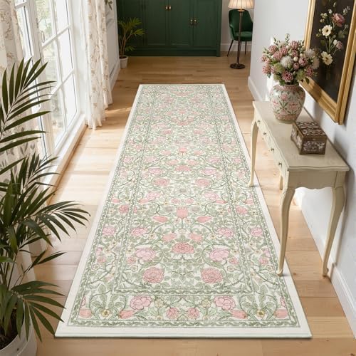 GarveeHome Pink Green Beige Floral 2.5x8 Runner Rug for Kitchen Hallways by GarveeHome