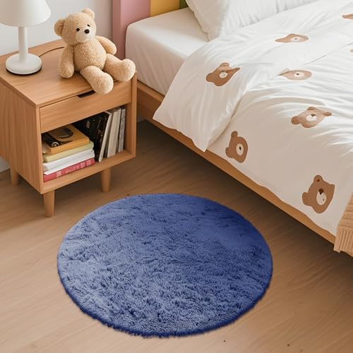 OLANLY Denim Blue Round Rugs for Bedroom - Machine Washable, 2 ft Circle Area Rugs for Living Room, Soft and Fluffy Shaggy Carpet for Teen Girl and Boys, Nursery Rooms, Dorms, Home Decor Aesthetic - Image 3