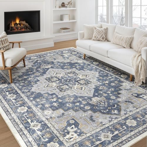 Area Rugs 9x12 Living Room: Washable Vintage Gray Blue Rug by ZUNTKON