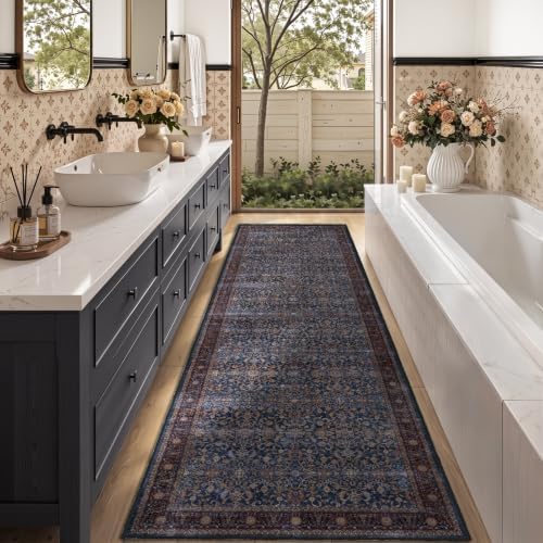 Washable Hallway Runner Rug 2'x7', Vintage Old Money, Dark Blue - Image 4
